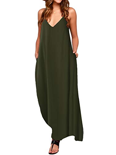 ACHIOOWA Mujer Vestido Elegante Playa Casual Dress Cuello V Sin Manga Túnica Sin Hombros Escote Punto Bolsillo Caftán Oversize Falda Larga Verde S
