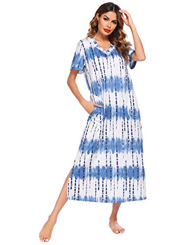 ADOME Camisón de manga corta para mujer, camisón de noche, vestido largo, vestido de playa, vestido de ocio, vestido de lactancia, ropa de dormir para verano Azul-a L