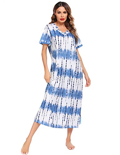 ADOME Camisón de manga corta para mujer, camisón de noche, vestido largo, vestido de playa, vestido de ocio, vestido de lactancia, ropa de dormir para verano Azul-a L
