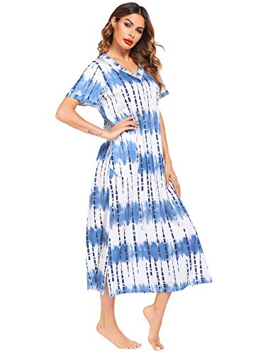 ADOME Camisón de manga corta para mujer, camisón de noche, vestido largo, vestido de playa, vestido de ocio, vestido de lactancia, ropa de dormir para verano Azul-a L