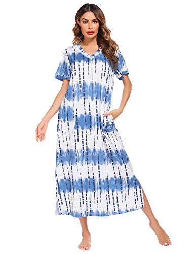 ADOME Camisón de manga corta para mujer, camisón de noche, vestido largo, vestido de playa, vestido de ocio, vestido de lactancia, ropa de dormir para verano Azul-a L