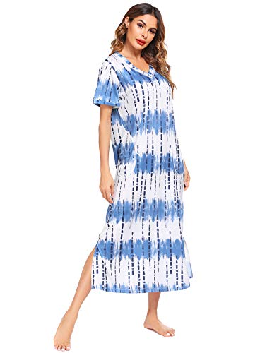 ADOME Camisón de manga corta para mujer, camisón de noche, vestido largo, vestido de playa, vestido de ocio, vestido de lactancia, ropa de dormir para verano Azul-a L