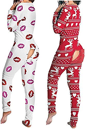 ADWA Profundo Cuello en V Divertido Impresión Mono Mameluco Botón Down Pijamas Tramo Navidad Bodis Cortos Sexy Pijama Mujer Mono Señora Pijama Traje Espalda Culo Pijama Culo Abierto Lips_XL