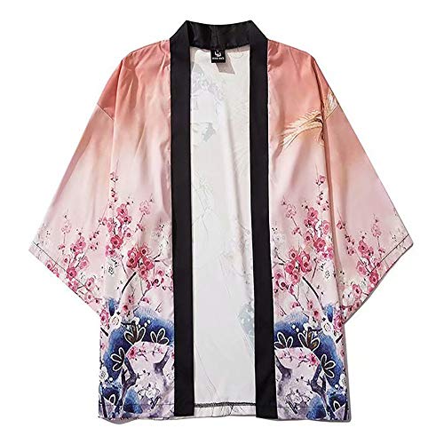 AFASSW Japonés Kimono Chaquetas Grulla Geisha Impreso 2020 Hombres Harajuku Streetwear Casual Delgado Vestido Japón Estilo Suelto Camisas Manga Corta Calle Personalidad, Xl