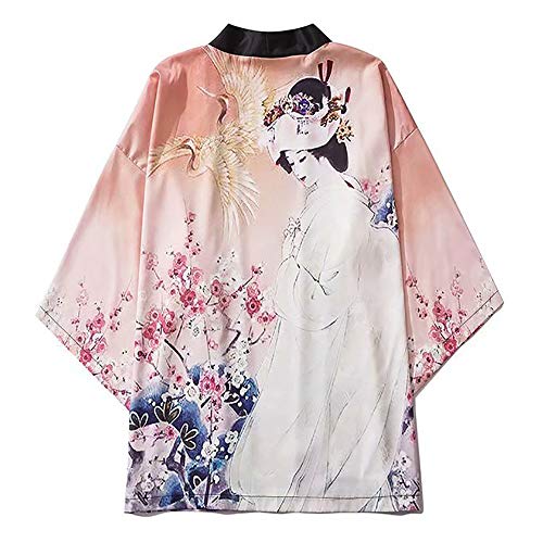 AFASSW Japonés Kimono Chaquetas Grulla Geisha Impreso 2020 Hombres Harajuku Streetwear Casual Delgado Vestido Japón Estilo Suelto Camisas Manga Corta Calle Personalidad, Xl