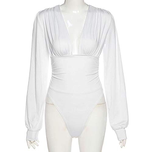 Agoky Monos de Manga Larga Mujer con Cuello en V Plisados Sueltos para Mujer Camisas de Leotardo Traje de Baño S-L Blanco L