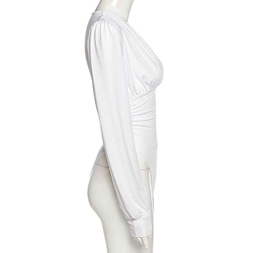Agoky Monos de Manga Larga Mujer con Cuello en V Plisados Sueltos para Mujer Camisas de Leotardo Traje de Baño S-L Blanco L