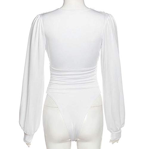 Agoky Monos de Manga Larga Mujer con Cuello en V Plisados Sueltos para Mujer Camisas de Leotardo Traje de Baño S-L Blanco L