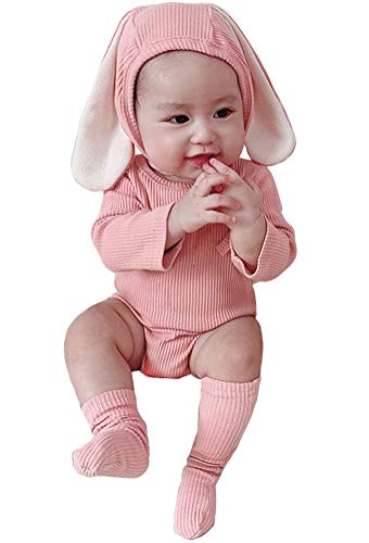 AGQT Traje de Pascua para bebé Carnaval Infantil bebé niña niño Conejito Manga Corta Mono de una Pieza Mono con Sombrero Calcetines 3 Piezas Rosa 0-6 Meses