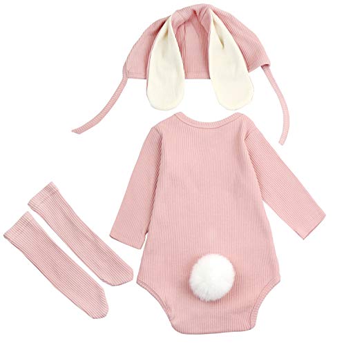AGQT Traje de Pascua para bebé Carnaval Infantil bebé niña niño Conejito Manga Corta Mono de una Pieza Mono con Sombrero Calcetines 3 Piezas Rosa 0-6 Meses