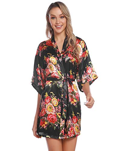 Aiboria Bata Kimono Mujer satén Floral Albornoces de Manga Corta para Dama de Novia