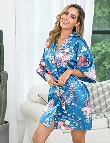 Aiboria Kimono Mujer Bata para Satén Mujer Ropa de Dormir Batas Bata Corta Albornoz Floral Damas de Honor Ropa de Noche