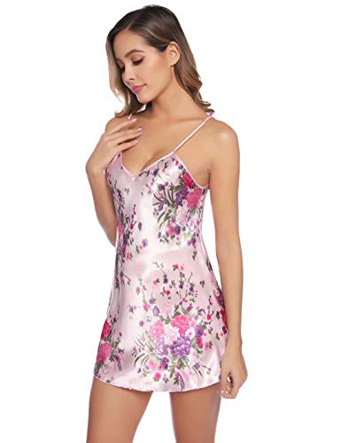 Aiboria Mujer Camisón Satén Negligee Sexy Verano Vestido De Pijama Floral Impreso Sin Manga Camisón Pijame Saten Mujer
