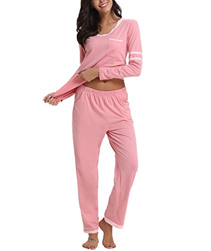 Aiboria Pijamas de Mujer, Mujer Invierno Manga Larga Algodón Pijamas Ropa de Dormir 2 Piezas Tops y Pantalones