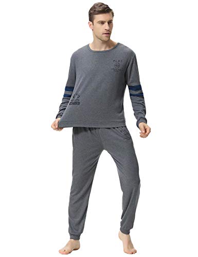 Aiboria Pijamas Hombre Manga Larga y Algodón 2 Piezas Calentito Pijamas de Suave Cómodo Ropa de Dormir
