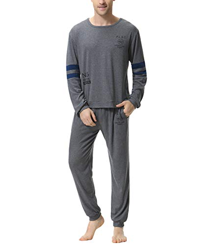 Aiboria Pijamas Hombre Manga Larga y Algodón 2 Piezas Calentito Pijamas de Suave Cómodo Ropa de Dormir