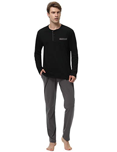 Aibrou 100% Algodón Pijamas Hombre Invierno Mangas Largas Pantalones Largo, Simple y Cómodo (Negro-Estilo 2, XX-Large)