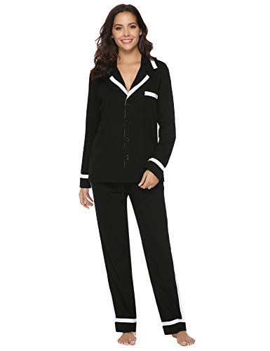 Aibrou 100% Algodón Pijamas Mujer Invierno de Mangas Largas Pantalones Largo 2 Piezas, Cómodo y Transpirable