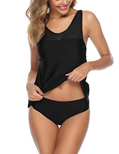 Aibrou Bañador Mujer Blouson Tankini Traje de baño Impreso/Color Sólido Camiseta sin Mangas Top y Pantalones Cortos 2 Piezas Traje de baño Adelgazante Halter Volver Traje, (Negro, L)
