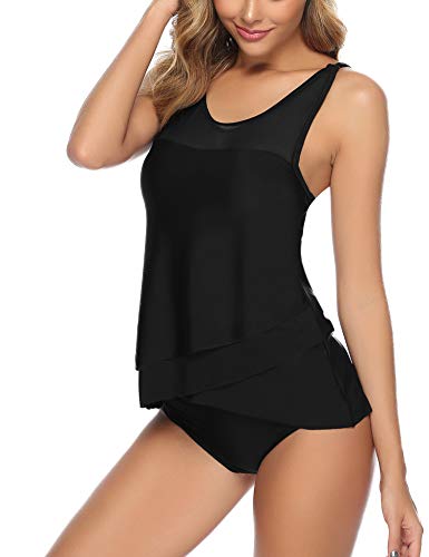 Aibrou Bañador Mujer Blouson Tankini Traje de baño Impreso/Color Sólido Camiseta sin Mangas Top y Pantalones Cortos 2 Piezas Traje de baño Adelgazante Halter Volver Traje, (Negro, L)