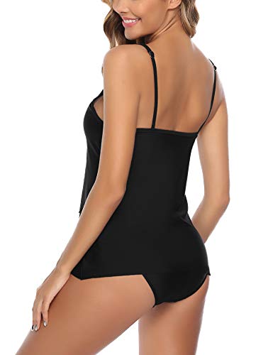 Aibrou Bañador Mujer Blouson Tankini Traje de baño Impreso/Color Sólido Camiseta sin Mangas Top y Pantalones Cortos 2 Piezas Traje de baño Adelgazante Halter Volver Traje, (Negro, L)