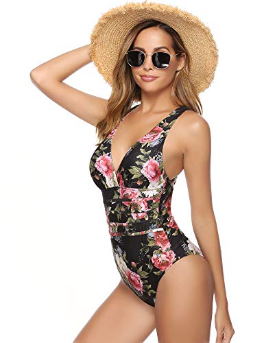 Aibrou Bañador Mujer Sexy,Trajes de baño de Una Pieza Cuello en V Profundo bañador Flores Reductor Halter con Espalda Vendaje Monokini Verano Vacaciones Playa, (Negro Flor, S)