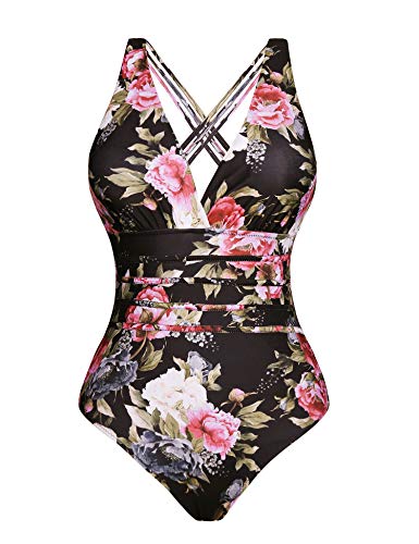 Aibrou Bañador Mujer Sexy,Trajes de baño de Una Pieza Cuello en V Profundo bañador Flores Reductor Monokini  Verano Vacaciones Playa, (Negro Flor, XXL)
