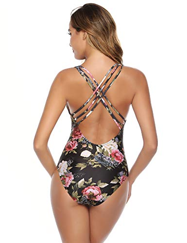 Aibrou Bañador Mujer Sexy,Trajes de baño de Una Pieza Cuello en V Profundo bañador Flores Reductor Monokini  Verano Vacaciones Playa, (Negro Flor, XXL)