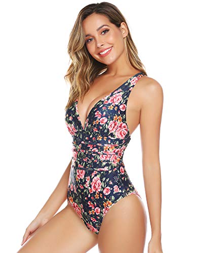 Aibrou Bañadores Mujer 2021 Trajes de Baño de Una Pieza Correas traseras Vendaje Bañadores Sexys Cuello en V Profundo Playa Monokini, (Azul Flor, XXL)