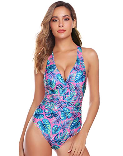 Aibrou Bañadores Mujer 2021 Trajes de Baño de Una Pieza Correas traseras Vendaje Bañadores Sexys Cuello en V Profundo Playa Monokini, (Rosa Hoja Verde, S)