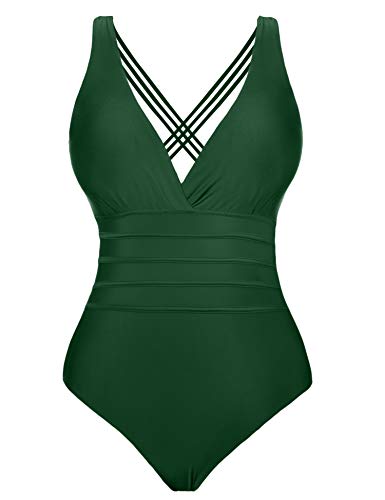 Aibrou Bañadores Mujer 2021 Trajes de Baño de Una Pieza Correas traseras Vendaje Bañadores Sexys Cuello en V Profundo Playa Monokini, (Verde, XL)