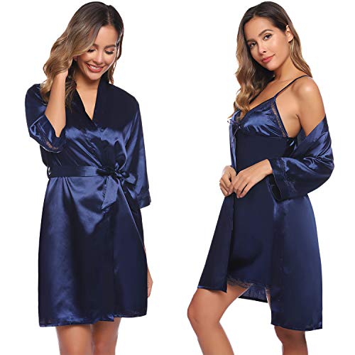 Aibrou Batas Mujer Sexy Encaje Conjuntos,Pijama de Satén Camisón Seda Elegante Cortos para Mujer Novia Dama de Honor