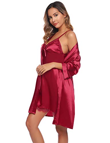 Aibrou Batas Mujer Sexy Encaje Conjuntos,Pijama de Satén Camisón Seda Elegante Cortos para Mujer Novia Dama de Honor