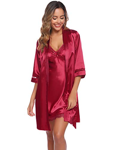 Aibrou Batas Mujer Sexy Encaje Conjuntos,Pijama de Satén Camisón Seda Elegante Cortos para Mujer Novia Dama de Honor