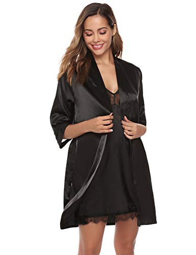 Aibrou Batas Mujer Sexy Encaje Conjuntos,Pijama de Satén Camisón Seda Elegante Cortos para Mujer Novia Dama de Honor