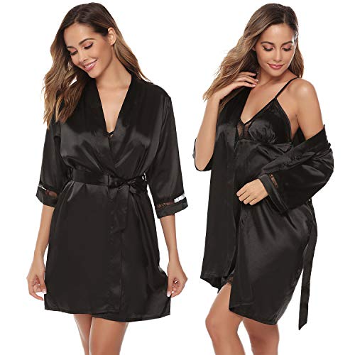 Aibrou Batas Mujer Sexy Encaje Conjuntos,Pijama de Satén Camisón Seda Elegante Cortos para Mujer Novia Dama de Honor