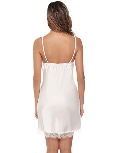 Aibrou Batas Mujer Sexy Encaje Conjuntos,Pijama de Satén Camisón Seda Elegante Cortos para Mujer Novia Dama de Honor (Blanco, XXL)