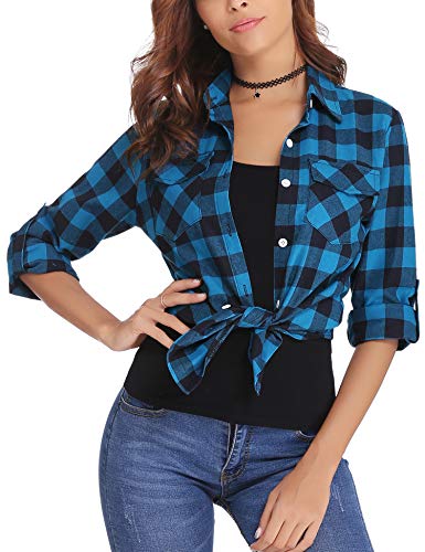 Aibrou Camisa de Cuadros para Mujer,Algodón Blusas Franela de Manga Larga Casual Clásica con Botones,Camisas a Cuadras para Primavera Otoño Invierno (Azul, L)