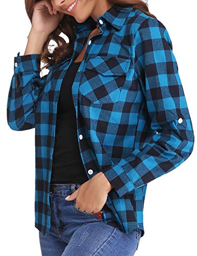 Aibrou Camisa de Cuadros para Mujer,Algodón Blusas Franela de Manga Larga Casual Clásica con Botones,Camisas a Cuadras para Primavera Otoño Invierno (Azul, L)
