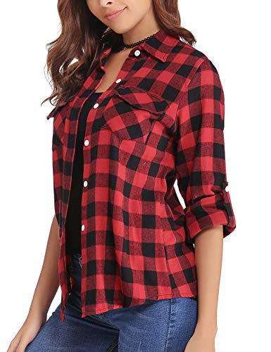 Aibrou Camisa de Cuadros para Mujer,Algodón Blusas Franela de Manga Larga Casual Clásica con Botones,Camisas a Cuadras para Primavera Otoño Invierno (Rojo, XXL)