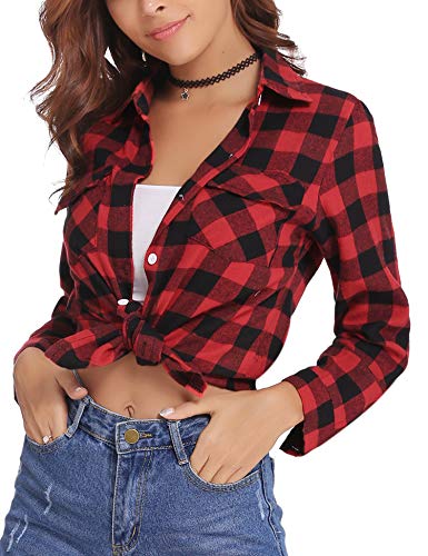 Aibrou Camisa de Cuadros para Mujer,Algodón Blusas Franela de Manga Larga Casual Clásica con Botones,Camisas a Cuadras para Primavera Otoño Invierno (Rojo, XXL)