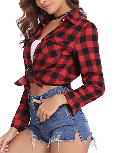 Aibrou Camisa de Cuadros para Mujer,Algodón Blusas Franela de Manga Larga Casual Clásica con Botones,Camisas a Cuadras para Primavera Otoño Invierno (Rojo, XXL)