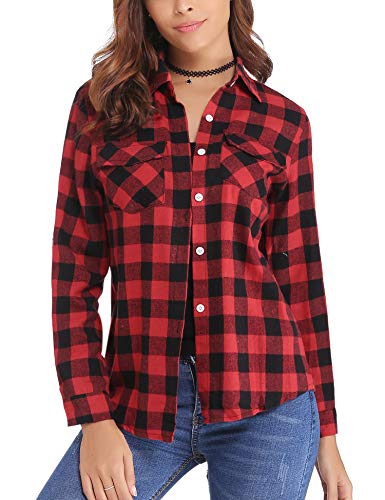 Aibrou Camisa de Cuadros para Mujer,Algodón Blusas Franela de Manga Larga Casual Clásica con Botones,Camisas a Cuadras para Primavera Otoño Invierno (Rojo, XXL)