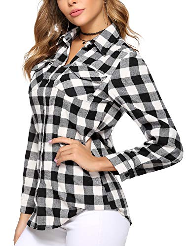 Aibrou Camisa de Cuadros para Mujer,Algodón Blusas Franela de Manga Larga Casual Clásica con Botones,Camisas a Cuadras para Primavera Otoño Invierno (Negro Blanco 2, L)