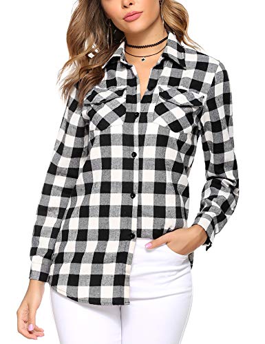 Aibrou Camisa de Cuadros para Mujer,Algodón Blusas Franela de Manga Larga Casual Clásica con Botones,Camisas a Cuadras para Primavera Otoño Invierno (Negro Blanco 2, L)