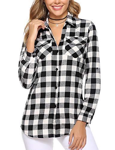 Aibrou Camisa de Cuadros para Mujer,Algodón Blusas Franela de Manga Larga Casual Clásica con Botones,Camisas a Cuadras para Primavera Otoño Invierno (Negro Blanco 2, M)