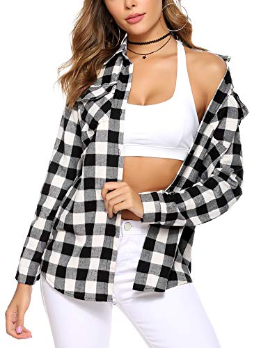 Aibrou Camisa de Cuadros para Mujer,Algodón Blusas Franela de Manga Larga Casual Clásica con Botones,Camisas a Cuadras para Primavera Otoño Invierno (Negro Blanco 2, L)
