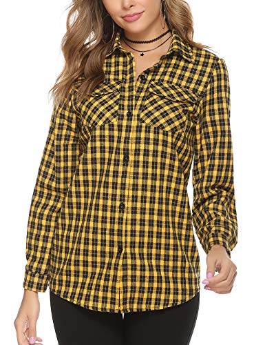 Aibrou Camisa Franela Casual,Camisa de Cuadros Algodón,Blusas y Camisas Manga Larga,Camisas a Cuadras Clásica Estilo Neutro Primavera Otoño (Amarillo, L)
