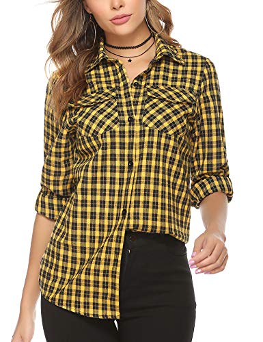 Aibrou Camisa Franela Casual,Camisa de Cuadros Algodón,Blusas y Camisas Manga Larga,Camisas a Cuadras Clásica Estilo Neutro Primavera Otoño (Amarillo, L)