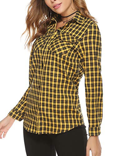 Aibrou Camisa Franela Casual,Camisa de Cuadros Algodón,Blusas y Camisas Manga Larga,Camisas a Cuadras Clásica Estilo Neutro Primavera Otoño (Amarillo, L)